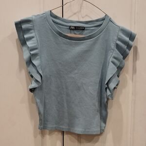 Zara Light Blue Ruffle Sleeve Crop Top